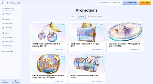 Offre de bonus CasinoLab pour les nouveaux joueurs Découvrez les bonus disponibles sur CasinoLab pour bien commencer votre aventure